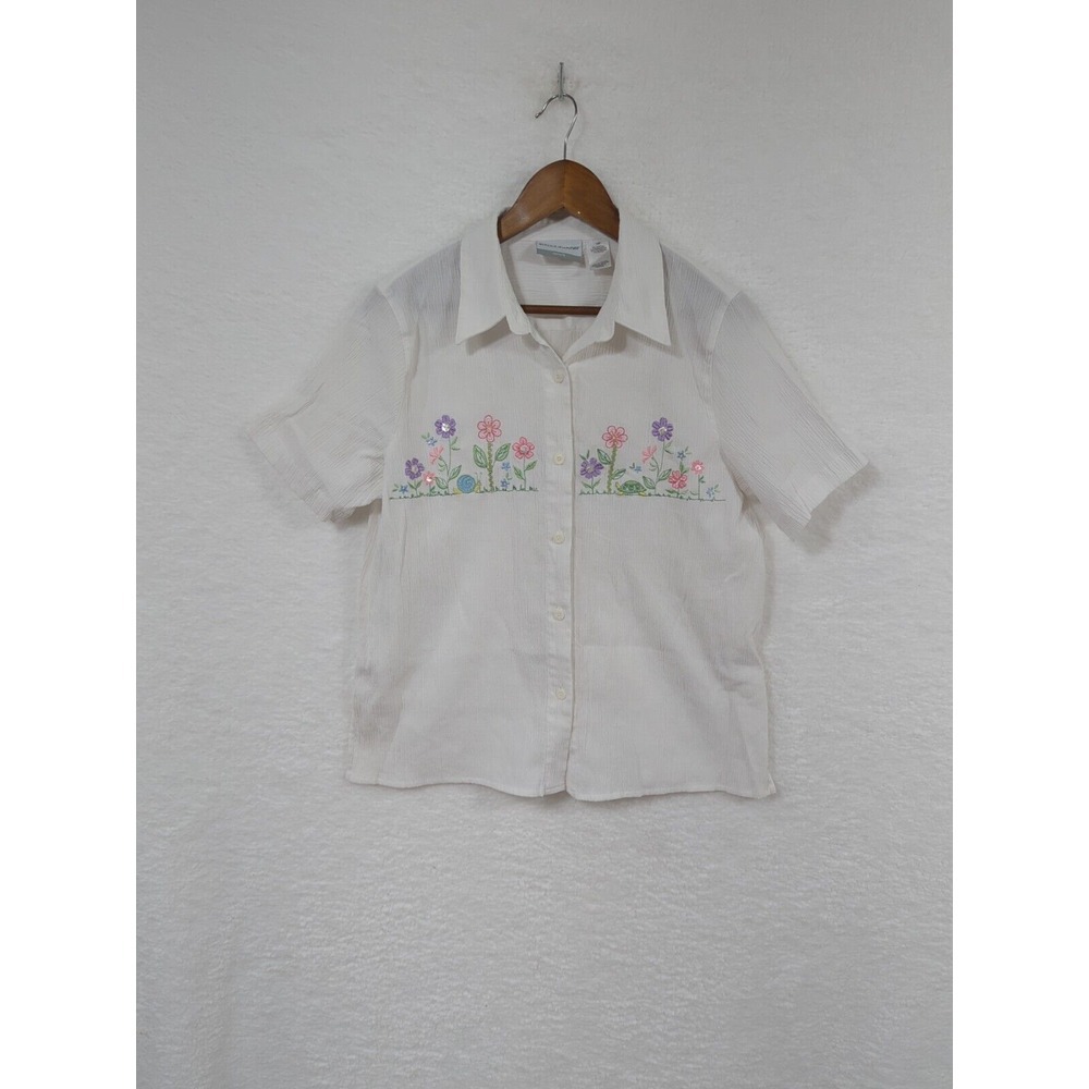 Alfred Dunner Petites Women's Blouse Button Up Embroidered Flowers Textured 16P